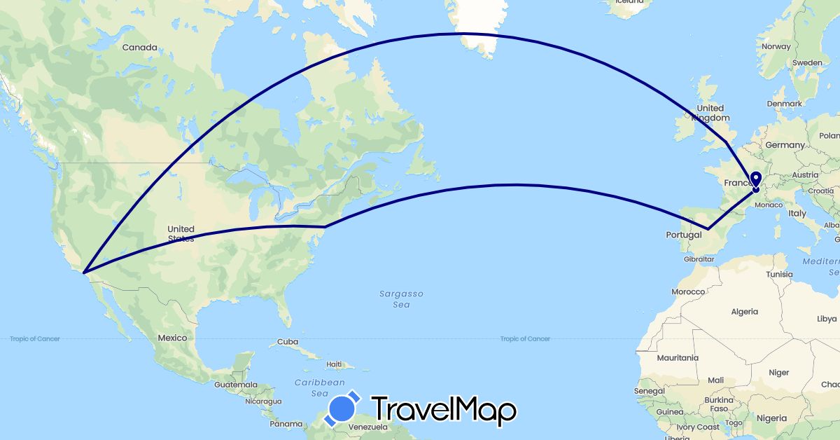 TravelMap itinerary: driving in Spain, France, United Kingdom, United States (Europe, North America)